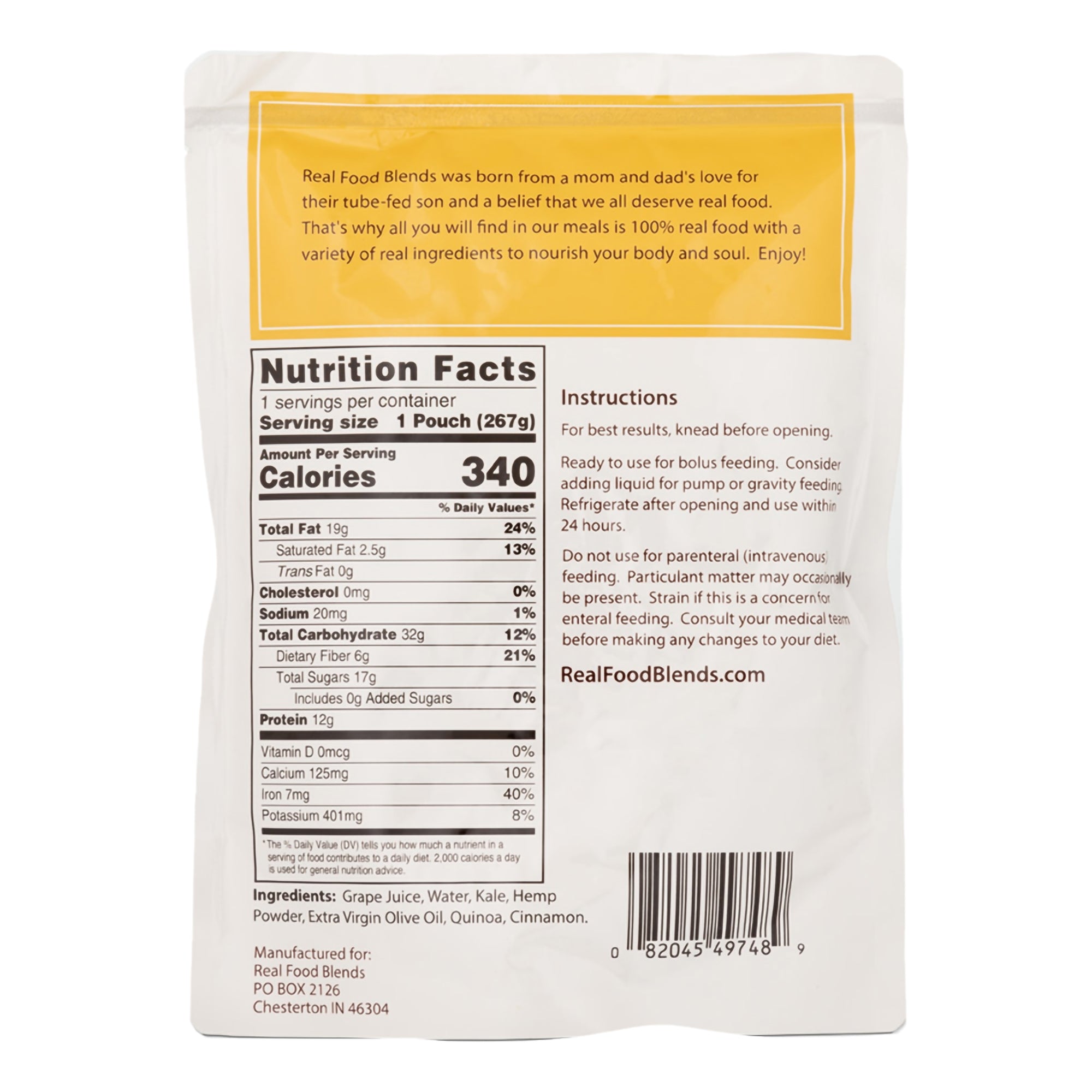 Real Food Blends™ Quinoa, Kale & Hemp Pureed Food Blend for Tube Feed, 9.4-ounce - Nutritionals and Feeding Supplies>Nutri...