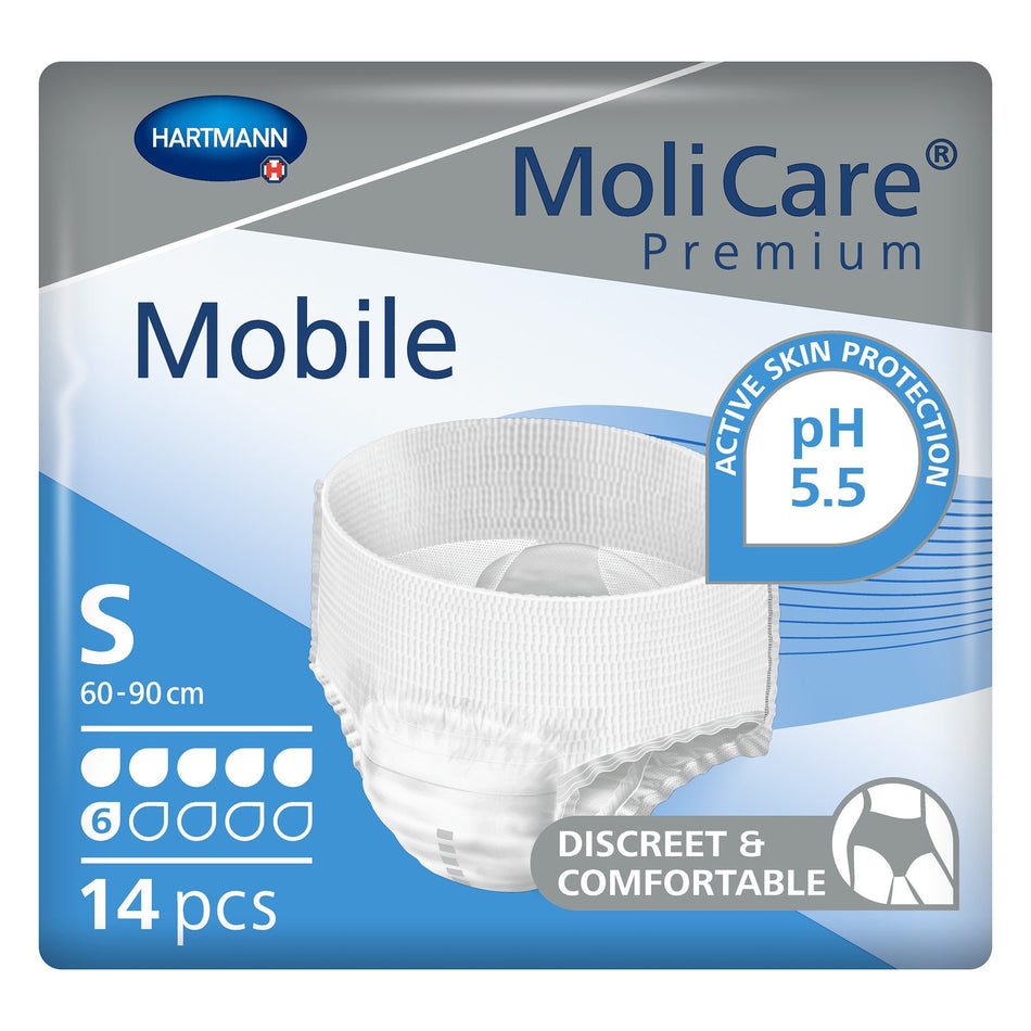 MoliCare Premium Mobile 6 Drop Absorbency Incontinence Underwear, Small-Unisex Adult Absorbent Underwear MoliCare Premium Mobile 6D Pull On with Tear Away Seams Small Disposable Moderate Absorbency