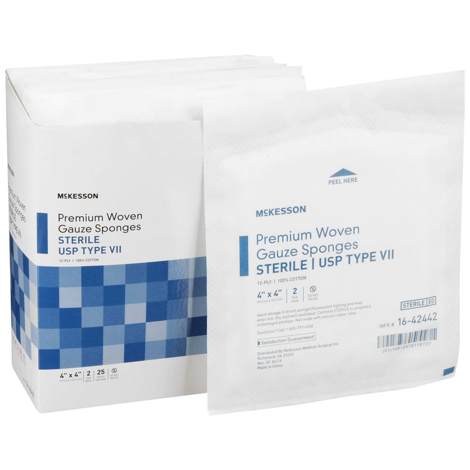 McKesson Sterile USP Type VII Gauze Sponge, 4 x 4 Inch, 12-Ply-Gauze Sponge McKesson 4 X 4 Inch 12-Ply Sterile 2 per Pack