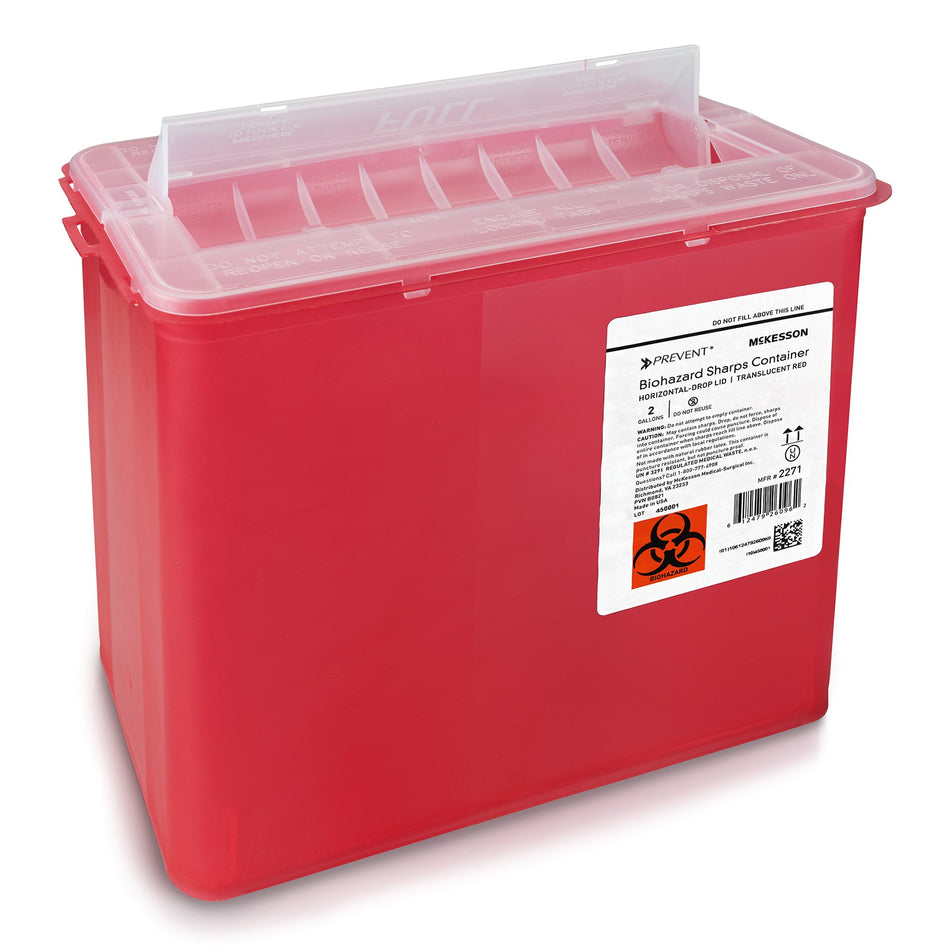 McKesson Prevent Sharps Container, 2 Gallon, 9-1/4 x 10 x 6 Inch-Sharps Container McKesson Prevent Translucent Red Base 9-1/4 H X 10 W X 6 D Inch Horizontal Entry 2 Gallon