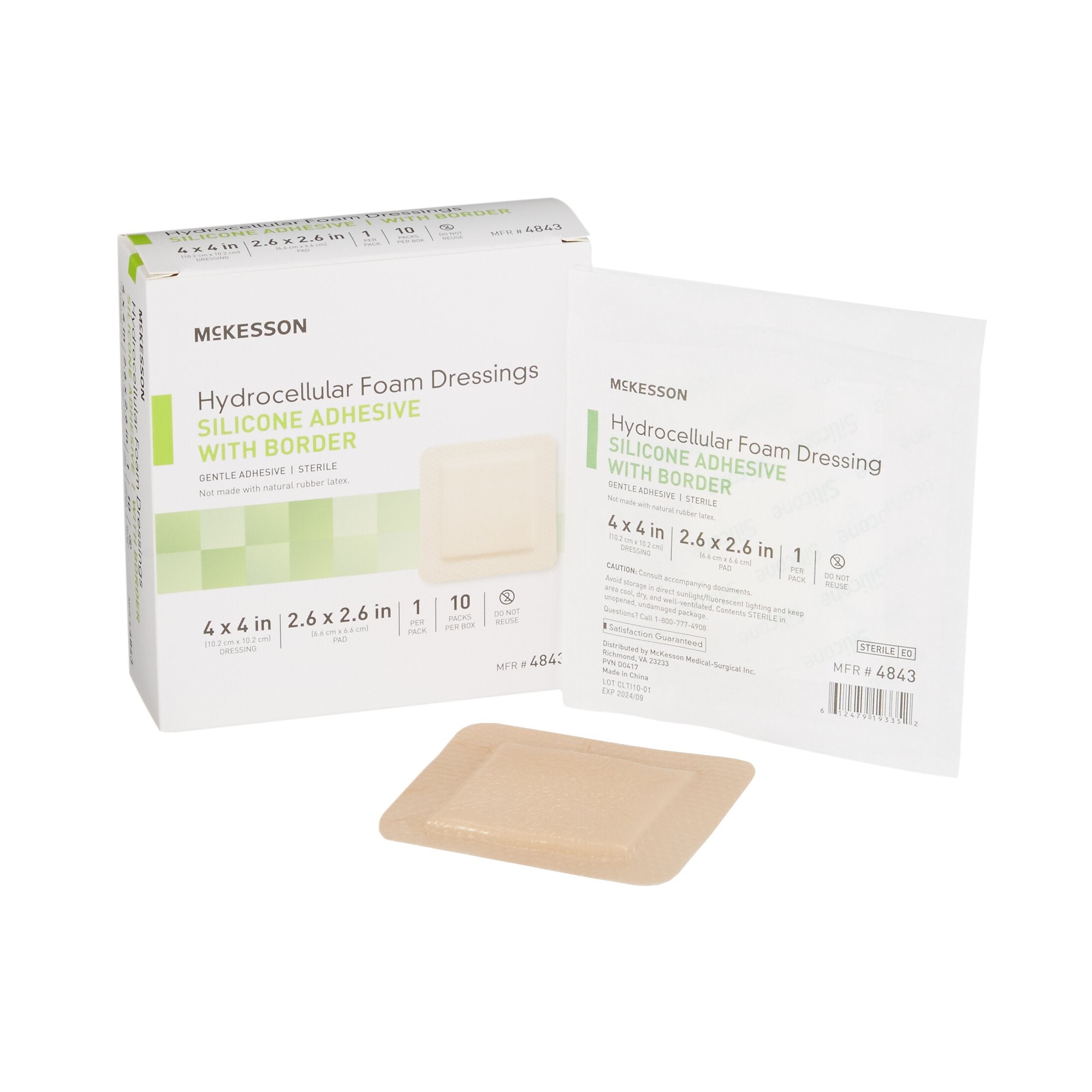 McKesson Silicone Adhesive with Border Silicone Foam Dressing, 4 x 4 Inch-Foam Dressing McKesson 4 X 4 Inch With Border Film Backing Silicone Gel Adhesive Square Sterile