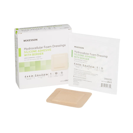 McKesson Silicone Adhesive with Border Silicone Foam Dressing, 4 x 4 Inch-Foam Dressing McKesson 4 X 4 Inch With Border Film Backing Silicone Gel Adhesive Square Sterile