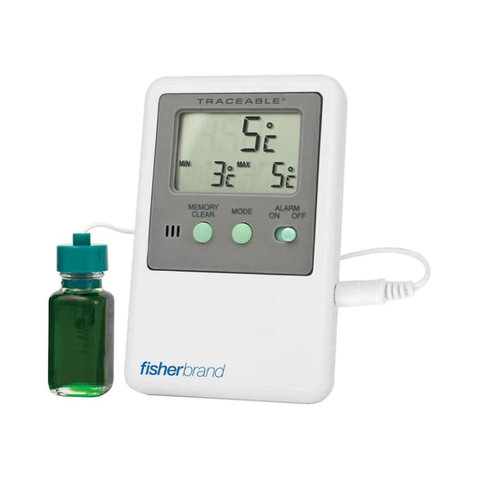 Fisherbrand Traceable Refrigerator / Freezer Thermometer-Digital Refrigerator / Freezer Thermometer with Alarm Fisherbrand Traceable Fahrenheit / Celsius -58 to +158F (-50 to +70C) Bottle Probe Door / Wall Mount Battery Operated