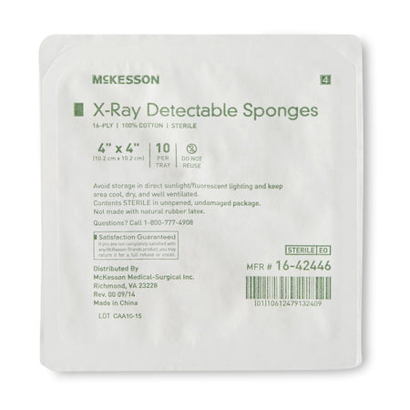 McKesson Sterile X-ray Detectable Gauze Sponge, 4 x 4 Inch, 16-Ply-Gauze Sponge X-Ray Detectable McKesson 4 X 4 Inch 16-Ply Sterile X-Ray Detectable 10 per Tray