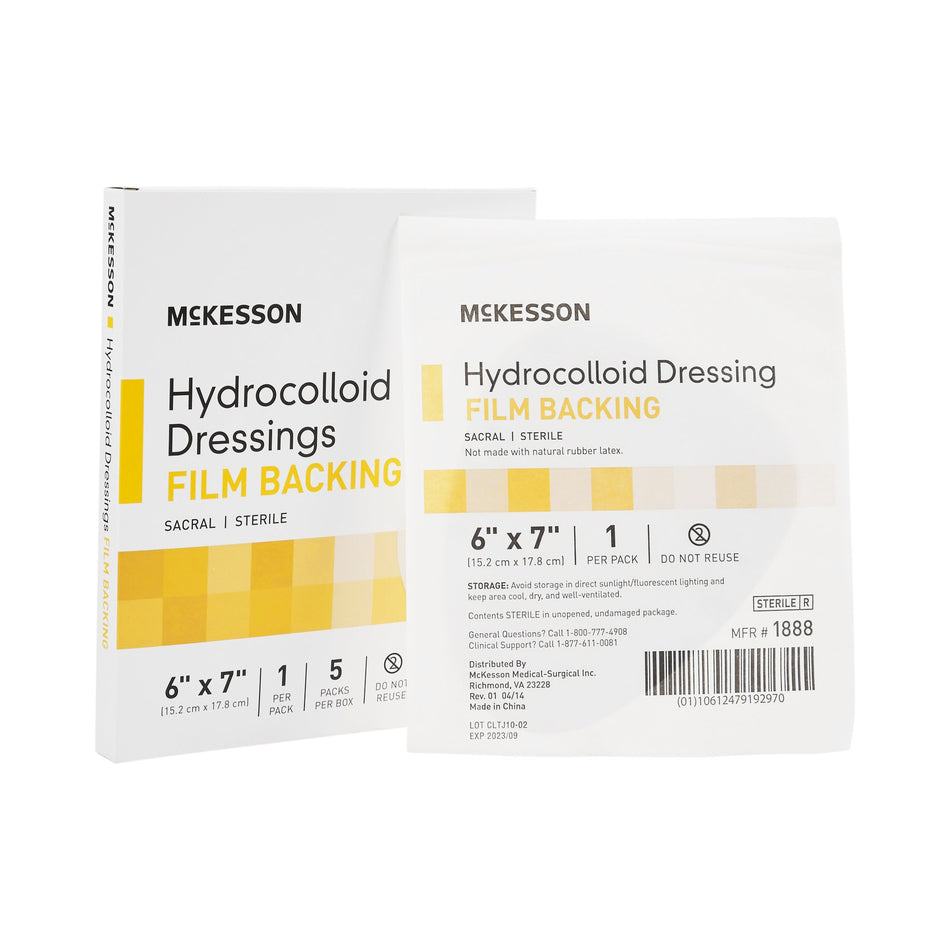 McKesson Hydrocolloid Dressing, 6 x 7 Inch Sacral-Hydrocolloid Dressing McKesson Waterproof Film Backing 6 X 7 Inch Sacral Hydrocolloid / Film