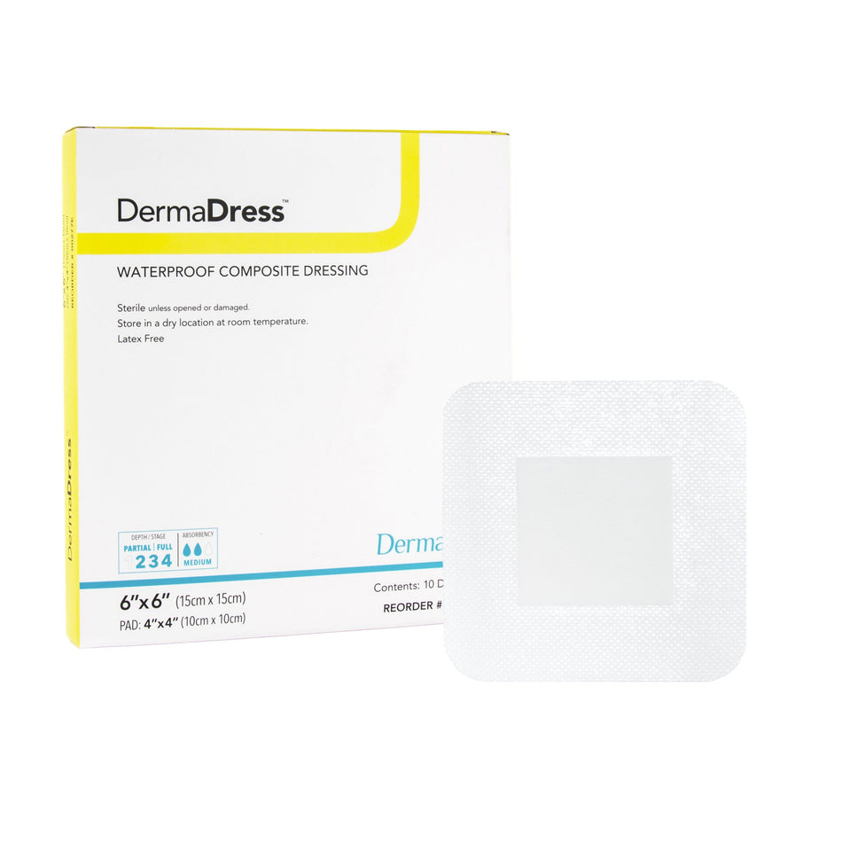 DermaDress� Composite Dressing, 6 x 6 inch-Composite Dressing DermaDress� 6 X 6 Inch Square Sterile Waterproof Film Backing