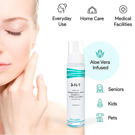 3-N-1 Scented Cleansing Foam Body Wash, 7.5 oz. Pump Bottle-Rinse-Free Body Wash DermaRite 3-N-1 Foaming 7.5 oz. Pump Bottle Mild Scent
