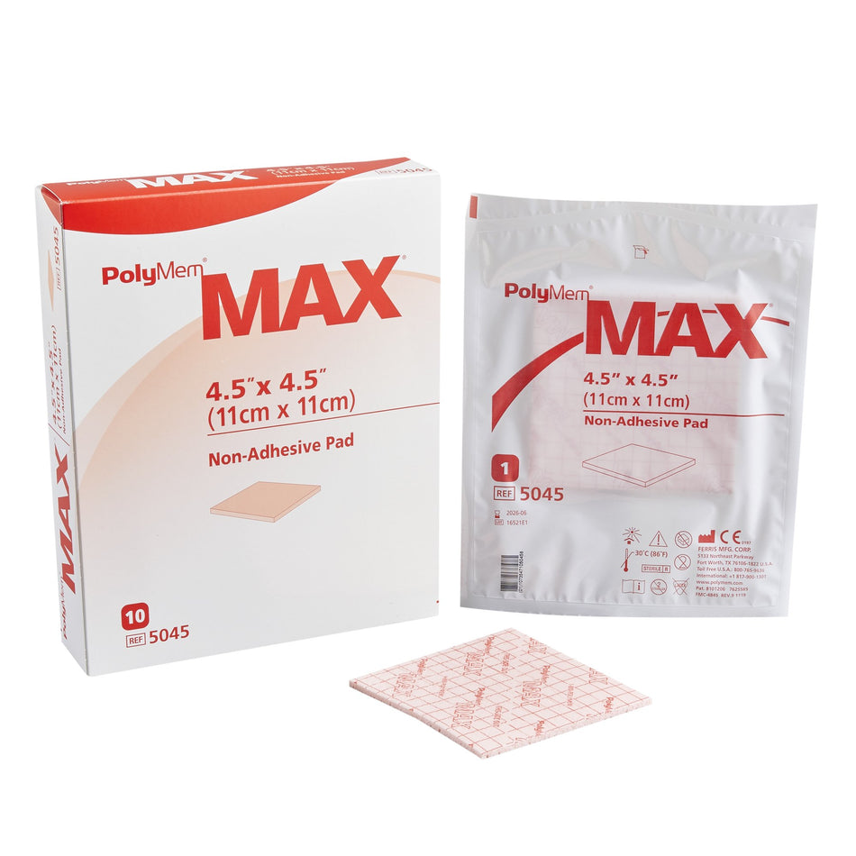 PolyMem� Max� Nonadhesive without Border Foam Dressing, 4� x 4� Inch-Foam Dressing PolyMem� Max� 4-1/2 X 4-1/2 Inch Without Border Film Backing Nonadhesive Square Sterile