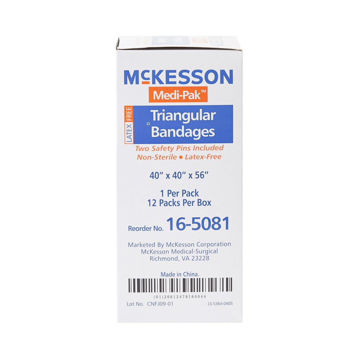 McKesson Triangular Bandage, 40 x 40 x 56 Inch-Triangular Bandage / Arm Sling McKesson Safety Pin One Size Fits Most