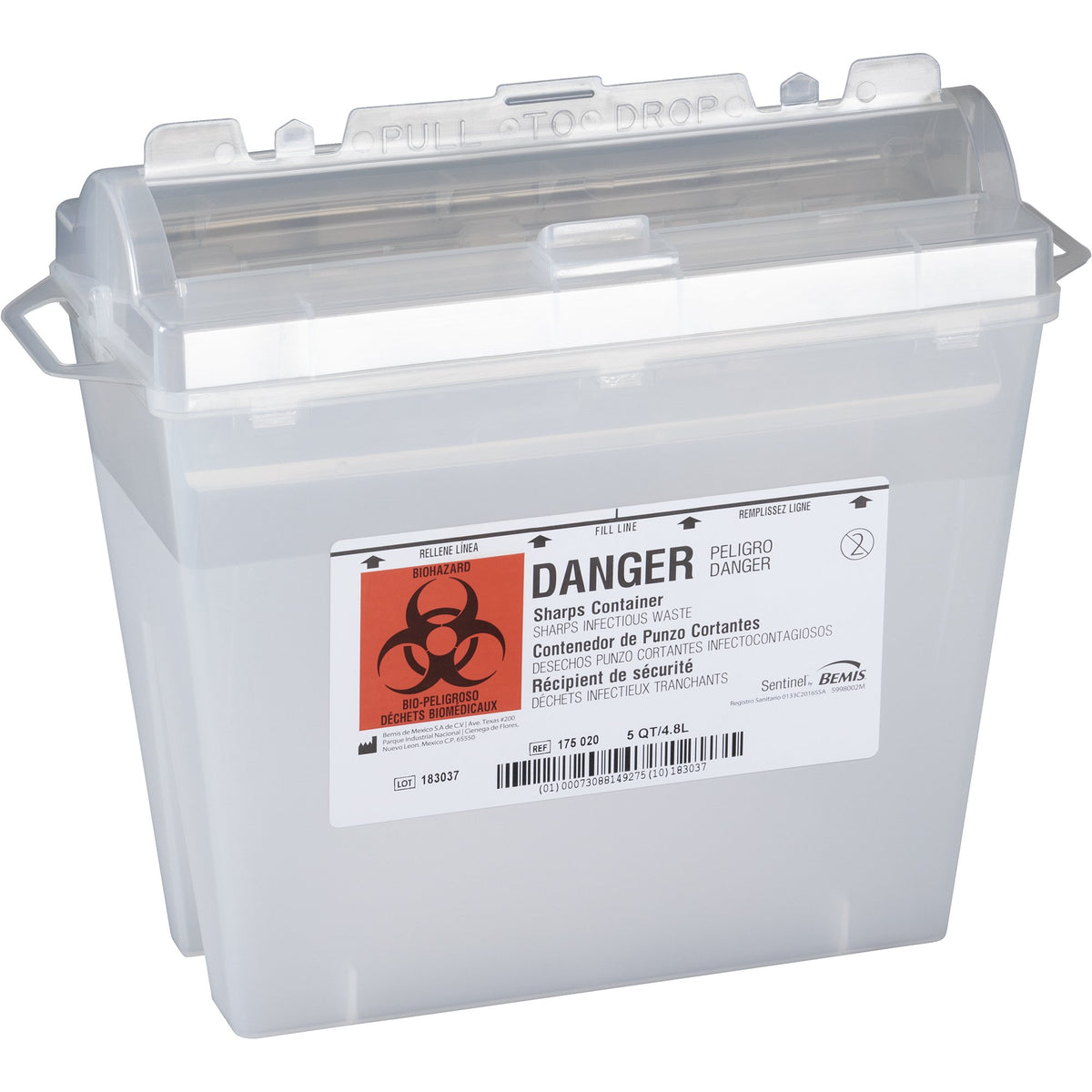 Bemis Sentinel Multi-purpose Sharps Container, 1-1/4 Gallon, 10 x 5-1/4 x 11 Inch-Sharps Container Bemis Sentinel Translucent Base 10 H X 5-1/4 W X 11 D Inch Horizontal Entry 1.25 Gallon