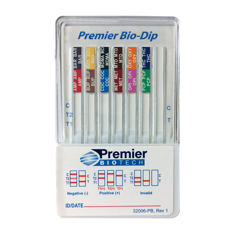 Premier Bio-Dip 12-Drug Panel Drugs of Abuse Test-"Drugs of Abuse Test Kit Premier Bio-Dip AMP, BAR, BUP, BZO, COC, mAMP/MET, MDMA, MTD, OPI, OXY, PCP, THC 50 25 Tests CLIA Waived"