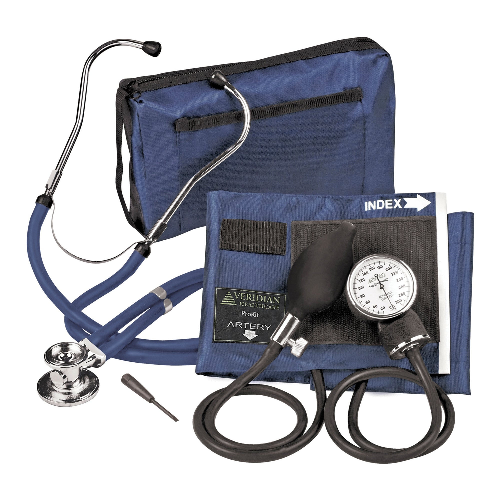 Sterling Series ProKit Aneroid Sphygmomanometer with Stethoscope, Dark Blue-Reusable Aneroid / Stethoscope Set Veridian 27.9 to 41.6 cm Adult Cuff Dual Head General Exam Stethoscope
