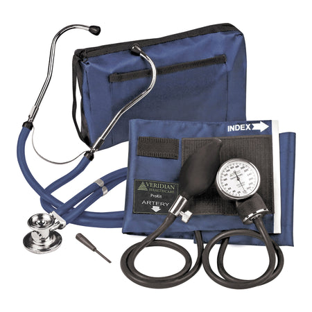 Sterling Series ProKit Aneroid Sphygmomanometer with Stethoscope, Dark Blue-Reusable Aneroid / Stethoscope Set Veridian 27.9 to 41.6 cm Adult Cuff Dual Head General Exam Stethoscope