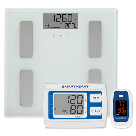 SmartHeart Heart Health Bundle 3-Piece, Scale, Blood Pressure Monitor, Pulse Oximeter-Total Body Analyzer with NIBP and Oximeter Step On SmartHeart Digital Display 400lbs. / 200kg White
