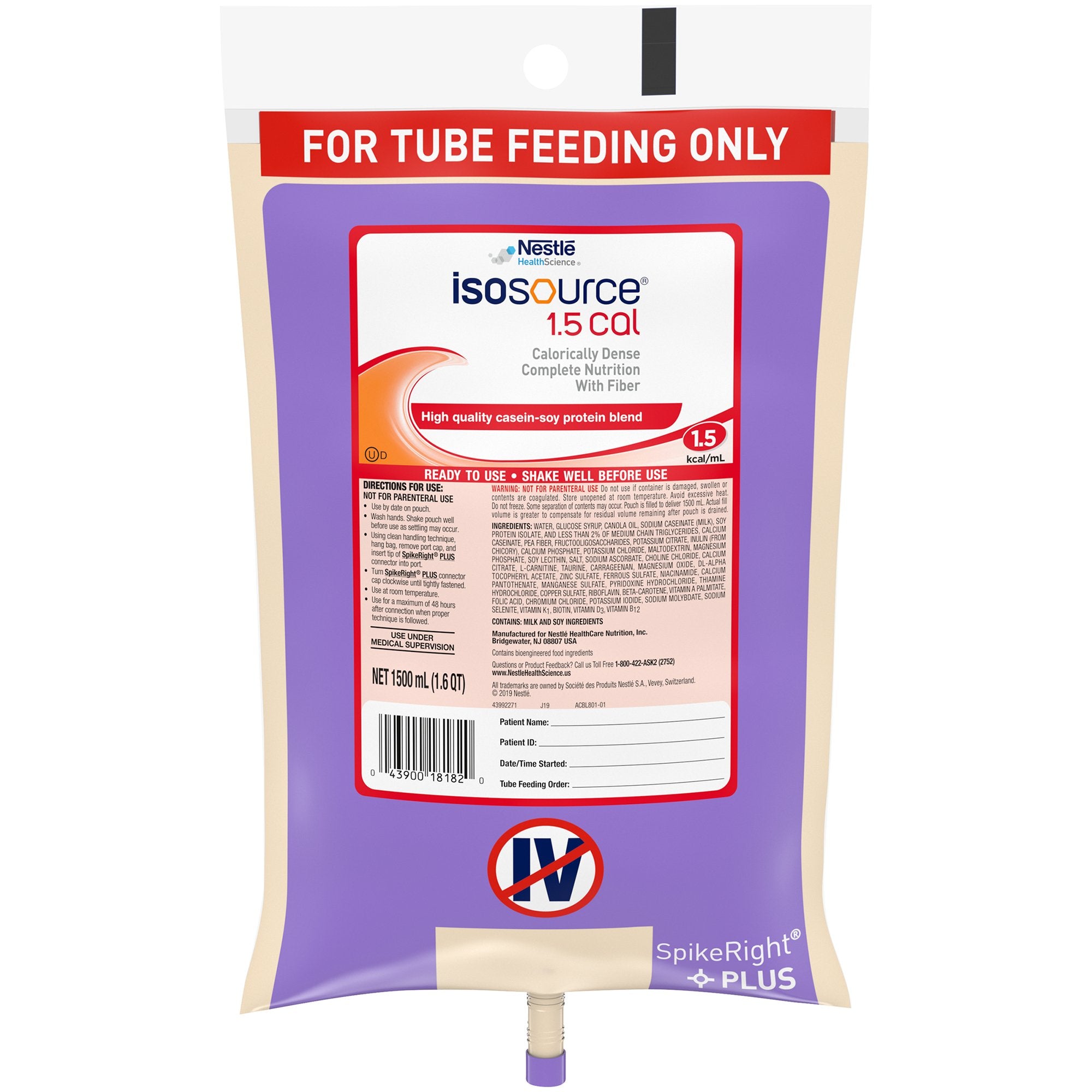 Isosource® 1.5 Cal Tube Feeding Formula, 1,500-mL Bag-Tube Feeding Formula Isosource® 1.5 Cal Unflavored Liquid 1500 mL Ready to Hang Prefilled Container