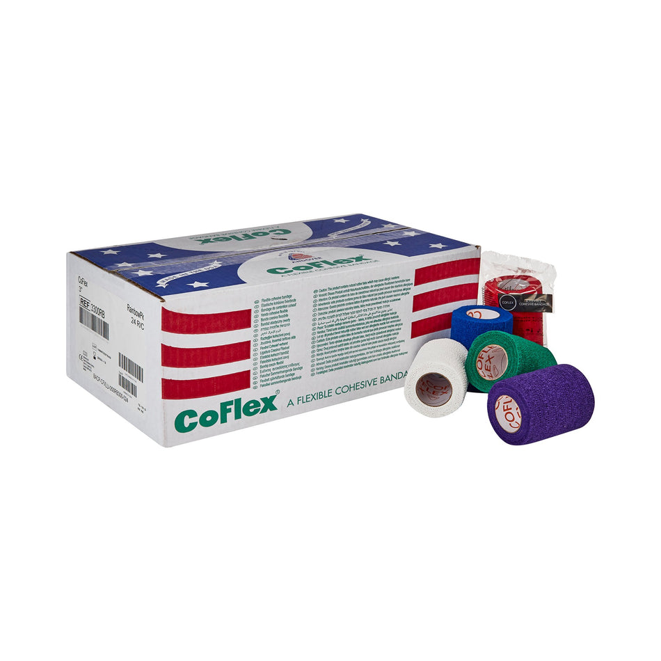 CoFlex� Self-adherent Closure Cohesive Bandage, 3 Inch x 5 Yard-Cohesive Bandage CoFlex� 3 Inch X 5 Yard Self-Adherent Closure Teal / Blue / White / Purple / Red / Green NonSterile 14 lbs. Tensile Strength