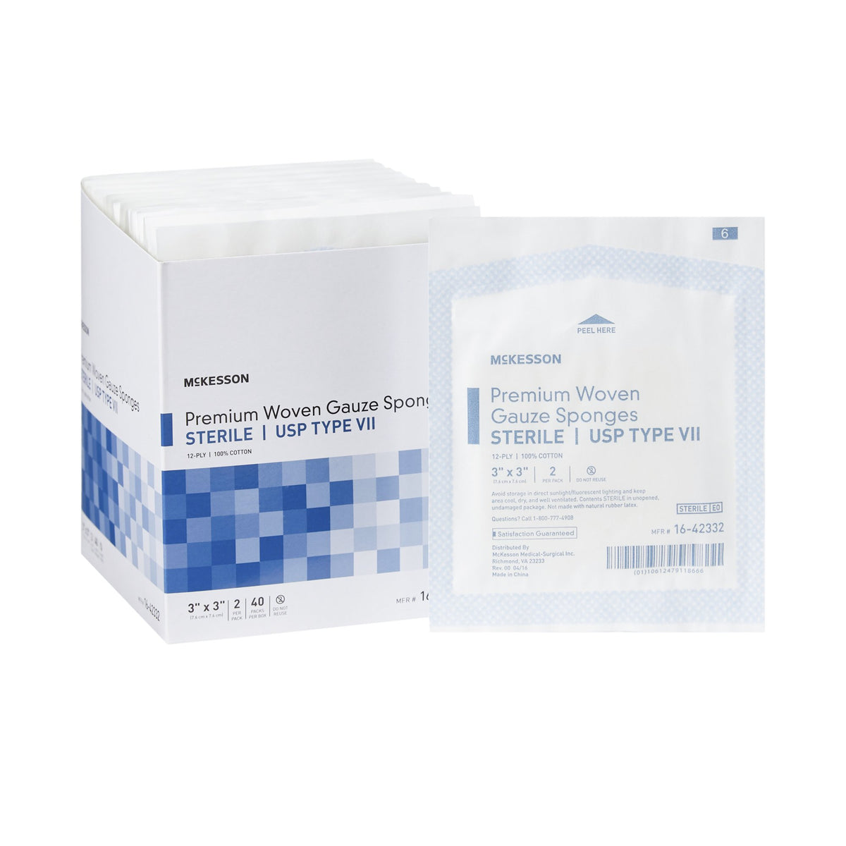 McKesson Sterile USP Type VII Gauze Sponge, 3 x 3 Inch, 12-Ply-Gauze Sponge McKesson 3 X 3 Inch 12-Ply Sterile 2 per Pack