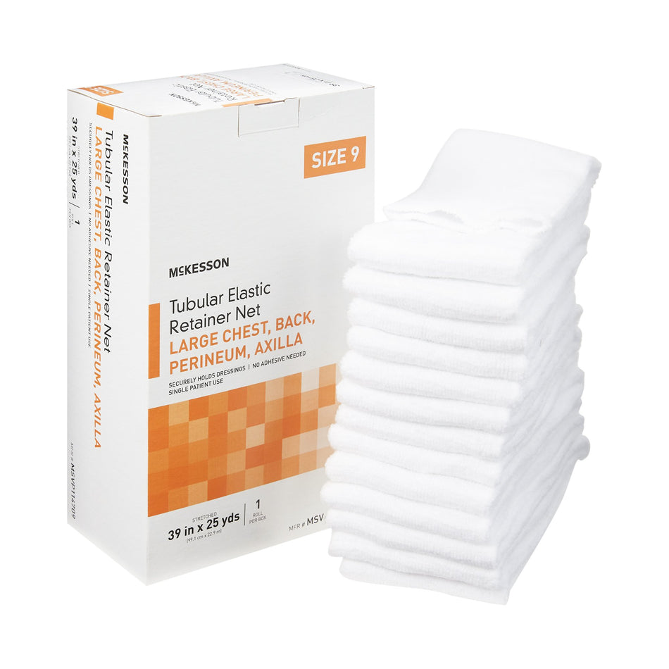 McKesson Tubular Bandage, Size 9, 25 Yard-Elastic Net Retainer Dressing McKesson Tubular Elastic 39 Inch X 25 Yard (99.1 cm X 22.9 m) Size 9 White Large Chest / Back / Perineum / Axilla NonSterile