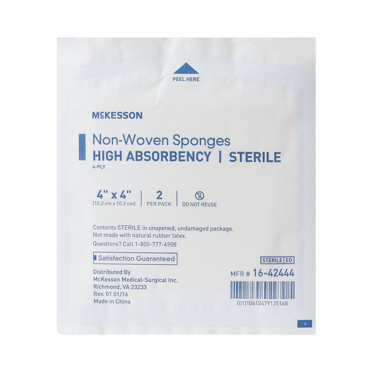 McKesson Sterile Nonwoven Sponge, 4 x 4 Inch, 4-Ply-Nonwoven Sponge McKesson 4 X 4 Inch 4-Ply Sterile 2 per Pack