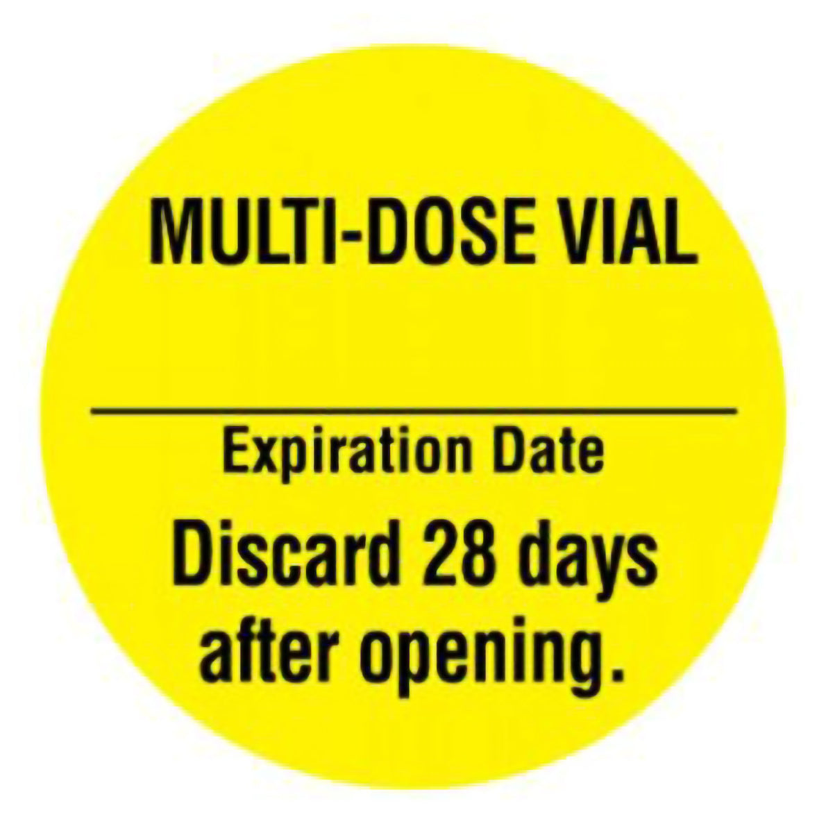 UAL "Multi-Dose Vial Expiation Date Discard 28 Days after opening" Pre-Printed Label, 1-inch diameter-Pre-Printed Label UAL Anesthesia Label Yellow Paper Multi-Dose Vial Expiation Date Discard 28 Days after opening Black Syringe Label 1 Inch Diameter