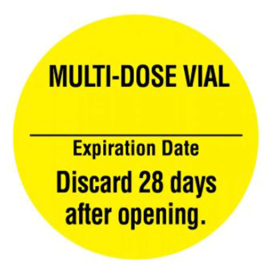 UAL "Multi-Dose Vial Expiation Date Discard 28 Days after opening" Pre-Printed Label, 1-inch diameter-Pre-Printed Label UAL Anesthesia Label Yellow Paper Multi-Dose Vial Expiation Date Discard 28 Days after opening Black Syringe Label 1 Inch Diameter