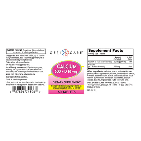 Geri-Care Calcium 600 + D Dietary Supplement-Joint Health Supplement Geri-Care Calcium / Vitamin D 600 mg - 400 IU Strength Tablet 60 per Bottle