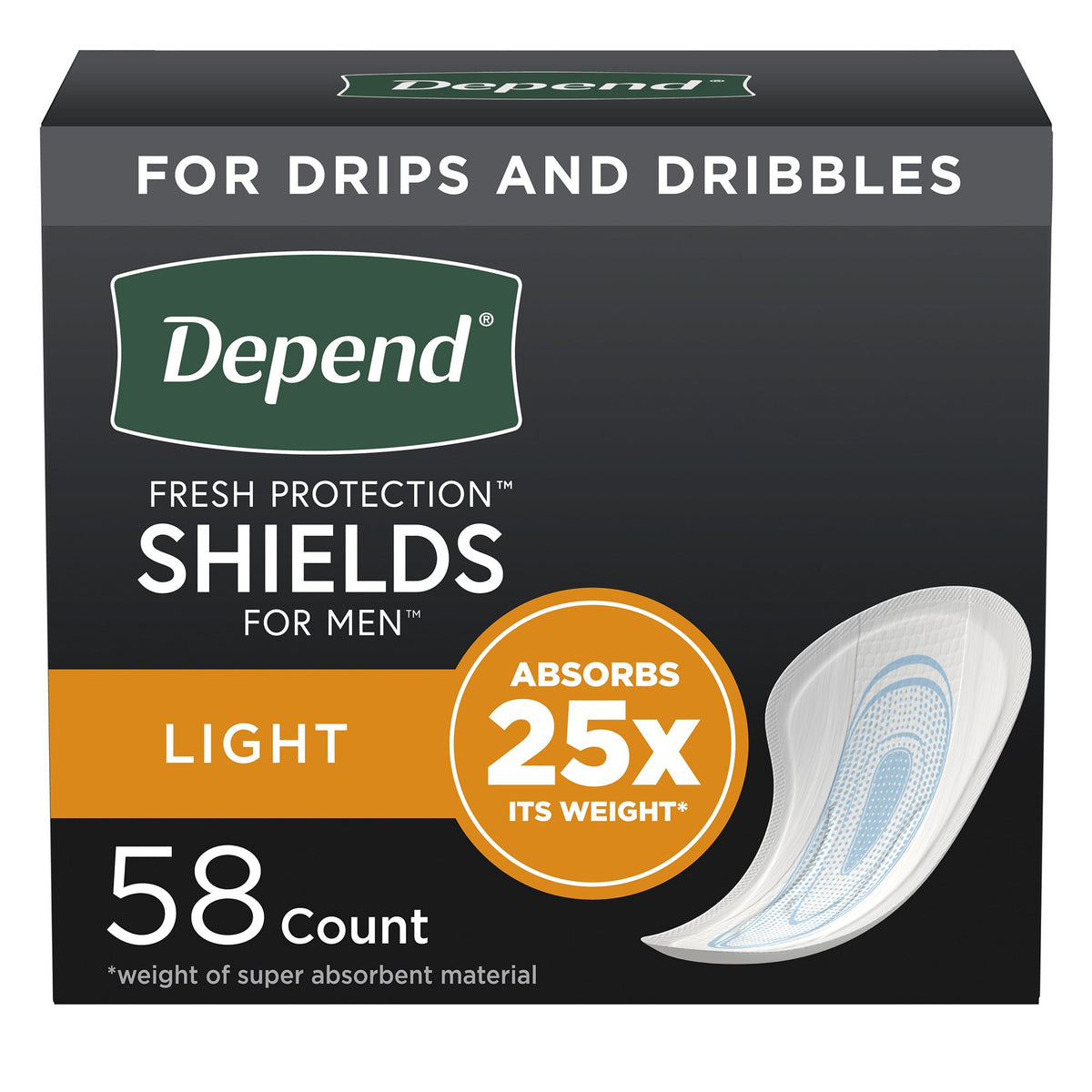 Depend Shields for Men Light Bladder Control Pad-Bladder Control Pad Depend Fresh Protection for Men 5 X 7-1/2 Inch Light Absorbency Sodium Polyacrylate Core One Size Fits Most