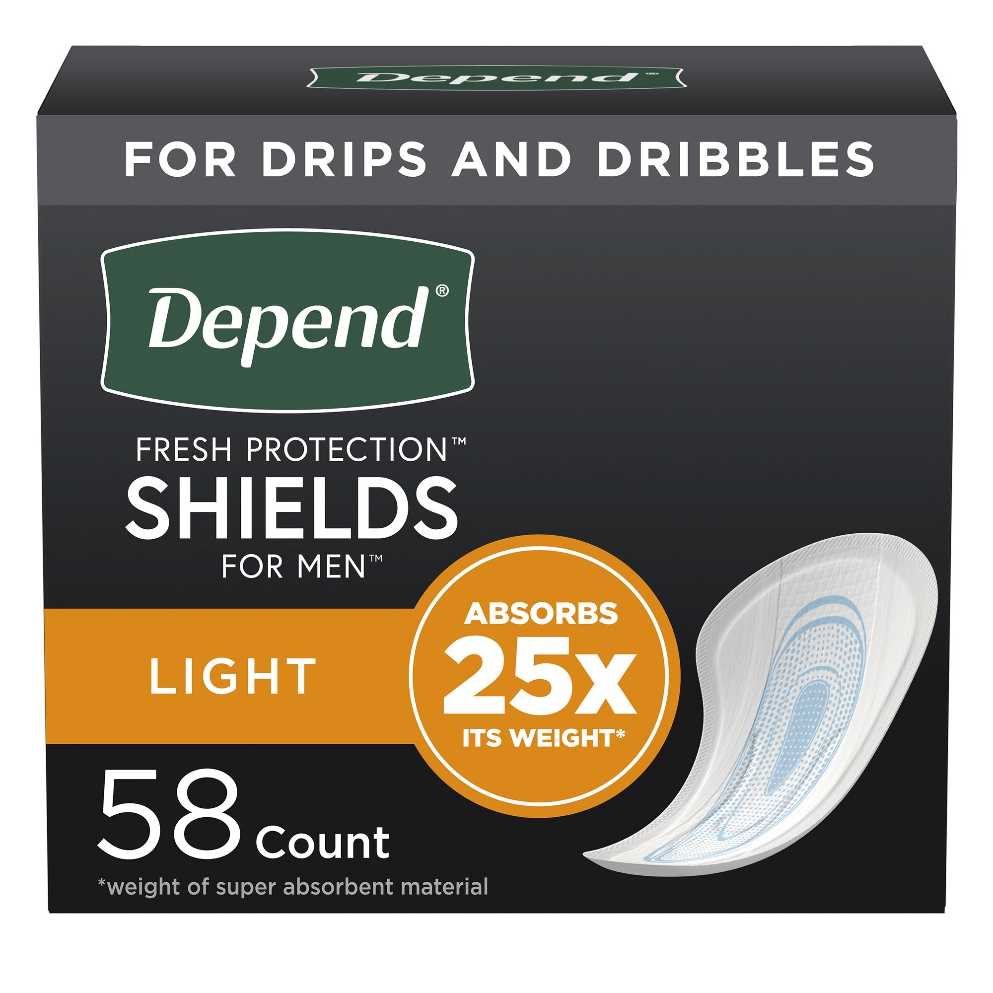 Depend Shields for Men Light Bladder Control Pad-Bladder Control Pad Depend Fresh Protection for Men 5 X 7-1/2 Inch Light Absorbency Sodium Polyacrylate Core One Size Fits Most