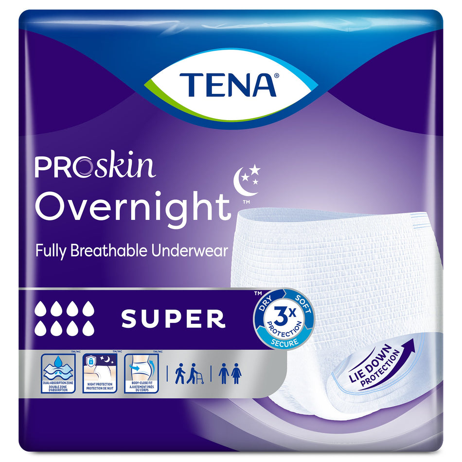 Tena ProSkin Overnight Super Fully Breathable Underwear, Extra Large-Unisex Adult Absorbent Underwear TENA ProSkin Overnight Super Pull On with Tear Away Seams X-Large Disposable Heavy Absorbency
