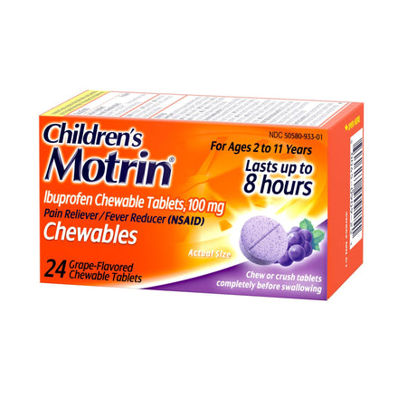 Motrin Children's Ibuprofen Chewable Tablets Dye-Free Grape-Children's Pain Relief MOTRIN 100 mg Strength Ibuprofen Chewable Tablet 24 Per Bottle