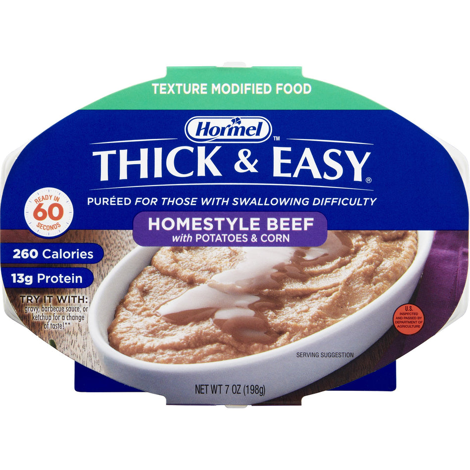 Thick & Easy Beef with Potatoes and Corn Thickened Food, 7-ounce Tray-Thickened Food Thick & Easy Purees 7 oz. Tray Beef with Potatoes / Corn Flavor Puree IDDSI Level 2 Mildly Thick