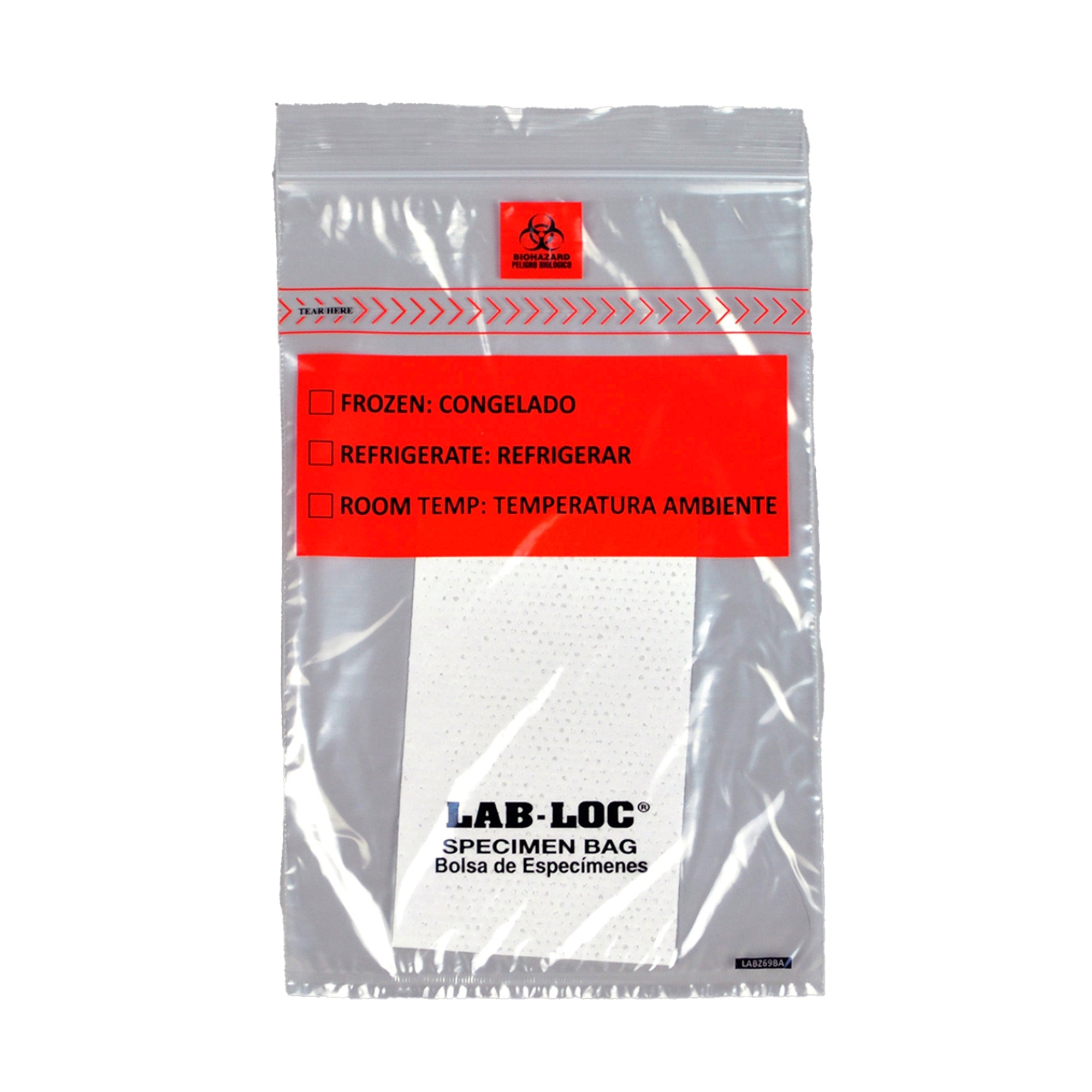 Lab-Loc Specimen Transport Bag with Document Pouch and Absorbent Pad, Zip Closure, 6 x 9 Inch-Specimen Transport Bag with Document Pouch and Absorbent Pad Lab-Loc 6 X 9 Inch Zip Closure Biohazard Symbol / Storage Instructions NonSterile