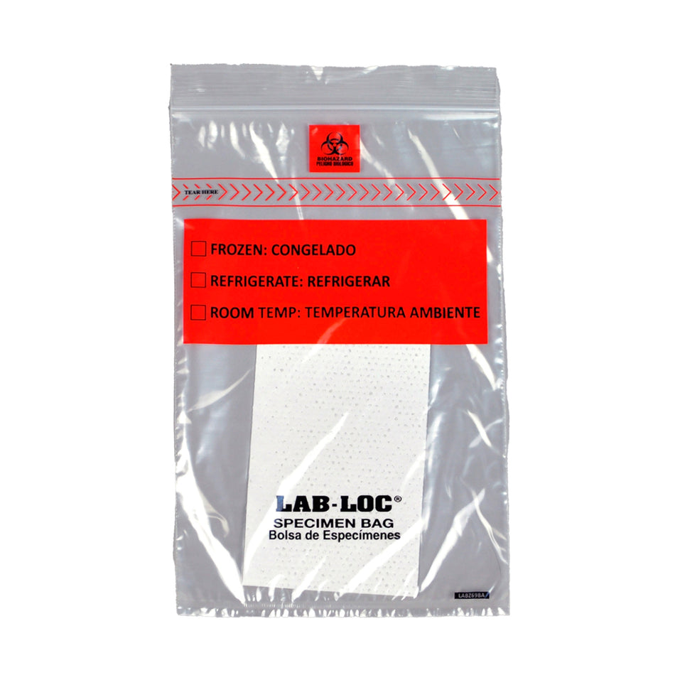 Lab-Loc Specimen Transport Bag with Document Pouch and Absorbent Pad, Zip Closure, 6 x 9 Inch-Specimen Transport Bag with Document Pouch and Absorbent Pad Lab-Loc 6 X 9 Inch Zip Closure Biohazard Symbol / Storage Instructions NonSterile