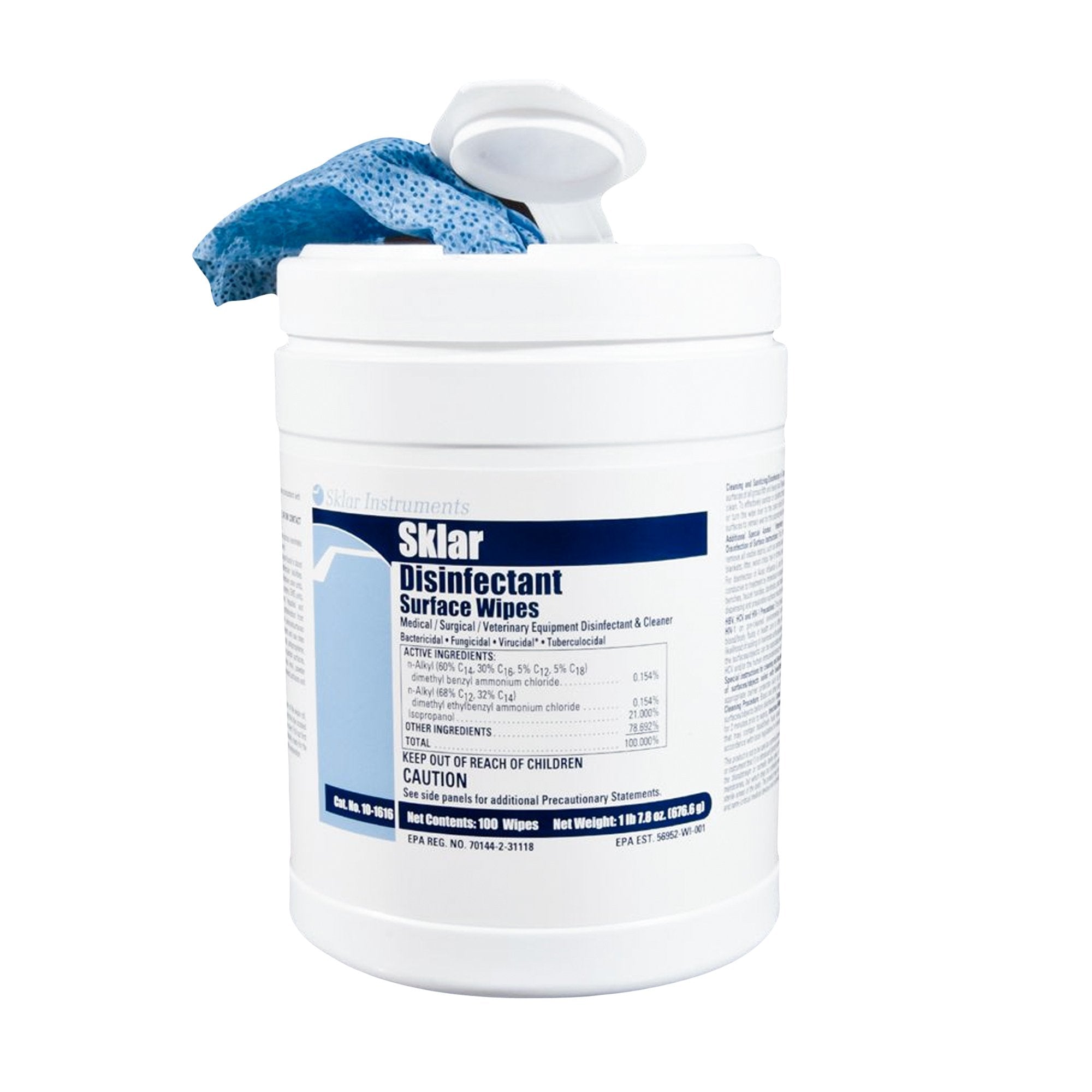 Sklar Surface Disinfectant Cleaner Wipes-Sklar Surface Disinfectant Cleaner Premoistened Alcohol Based Manual Pull Wipe 100 Count Canister Alcohol Scent NonSterile