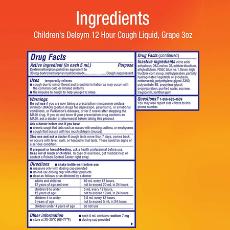 Delsym Dextromethorphan HBr Cold and Cough Relief-Children's Cold and Cough Relief Delsym 30 mg / 5 mL Strength Liquid 3 oz.