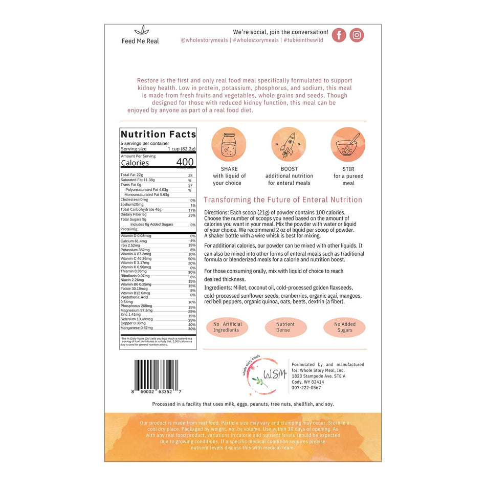 Oral Supplement Restore Renal Support Unflavored Powder 16 oz. Pouch