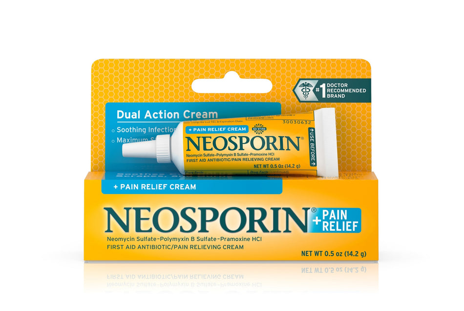 Neosporin Bacitracin / Neomycin / Polymyxin B / Pramoxine First Aid Antibiotic Cream, 0.5 oz. Tube-First Aid Antibiotic with Pain Relief Neosporin + Pain Relief Cream 0.5 oz. Tube
