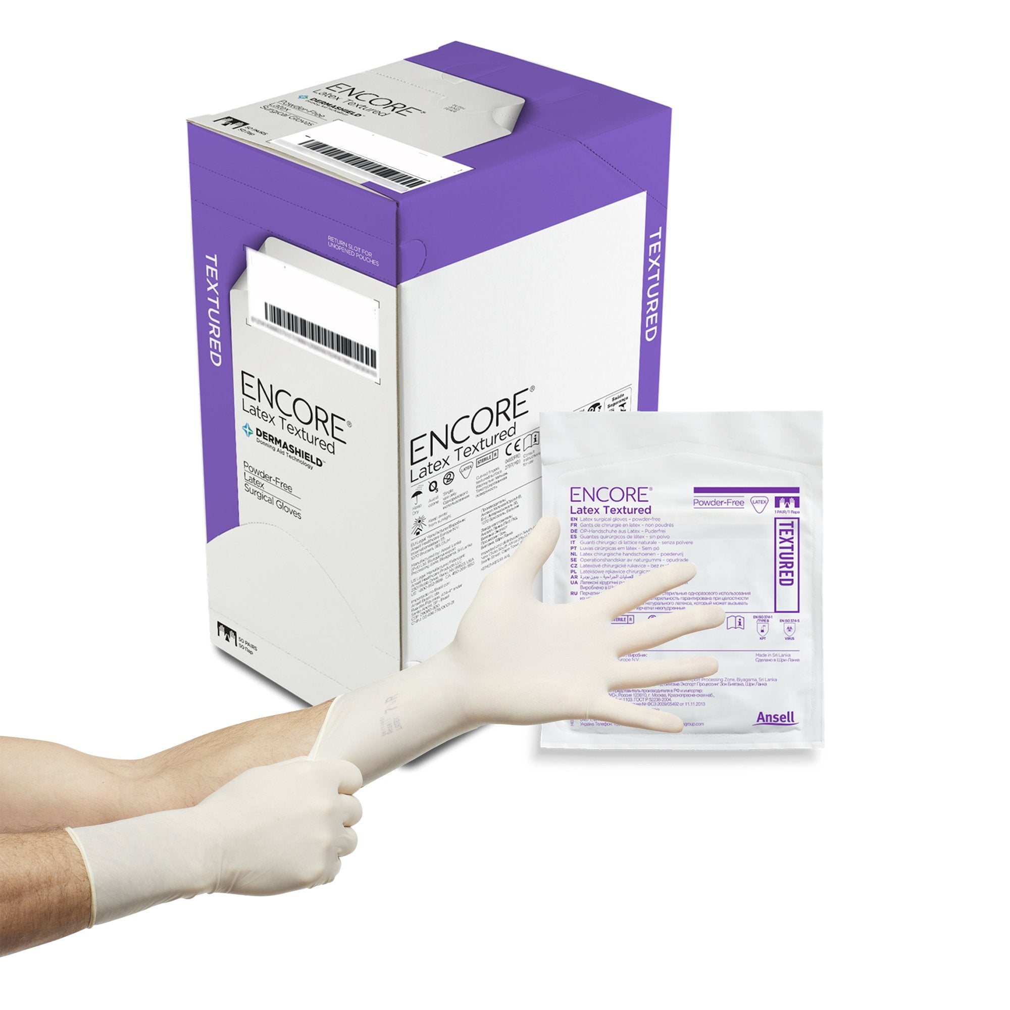 Encore Latex Textured Surgical Glove, Size 8.5, Ivory-Surgical Glove ENCORE Latex Textured Size 8.5 Sterile Latex Standard Cuff Length Fully Textured Ivory Chemo Tested