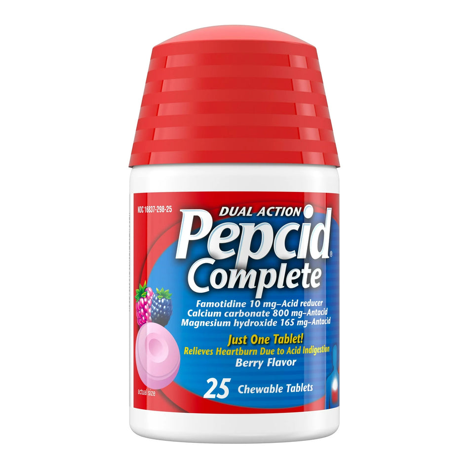Pepcid Complete Chewable Tablets Berry Flavor-Antacid Pepcid Complete 800 mg - 165 mg - 10 mg Strength Chewable Tablet 25 per Bottle
