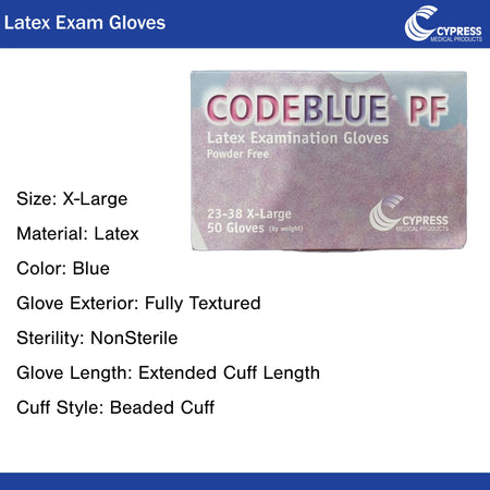 CodeBlue PF Latex Extended Cuff Length Exam Glove, Extra Large, Blue-Exam Glove CODEBLUE PF X-Large NonSterile Latex Extended Cuff Length Fully Textured Blue Not Rated