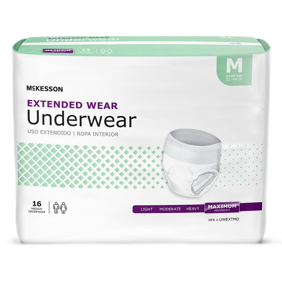McKesson Extended Wear Maximum Absorbency Underwear, Medium-Unisex Adult Absorbent Underwear McKesson Pull On with Tear Away Seams Medium Disposable Heavy Absorbency