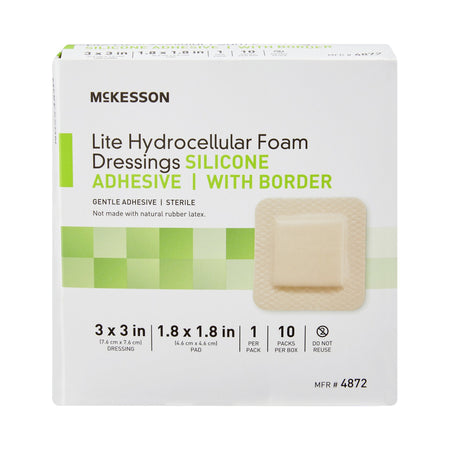 McKesson Lite Silicone Gel Adhesive with Border Thin Silicone Foam Dressing, 3 x 3 Inch-Thin Foam Dressing McKesson Lite 3 X 3 Inch With Border Film Backing Silicone Gel Adhesive Square Sterile