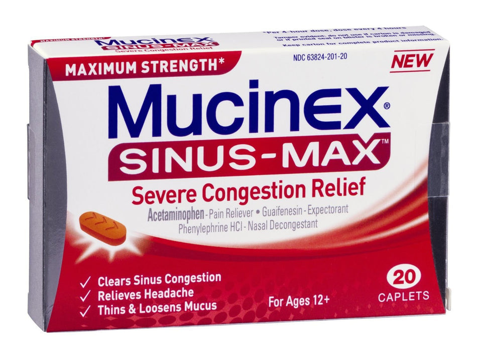 Mucinex Sinus-Max Severe Congestion & Pain Caplets-Cold and Sinus Relief Mucinex Sinus-Max 325 mg - 100 mg - 5 mg Strength Caplet 20 per Box
