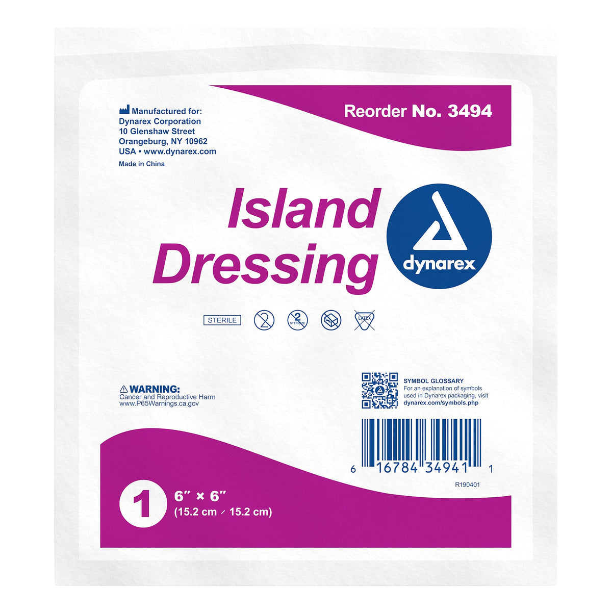 dynarex White Adhesive Dressing, 6 x 6 Inch-Island Dressing Dynarex 6 X 6 Inch Square Sterile