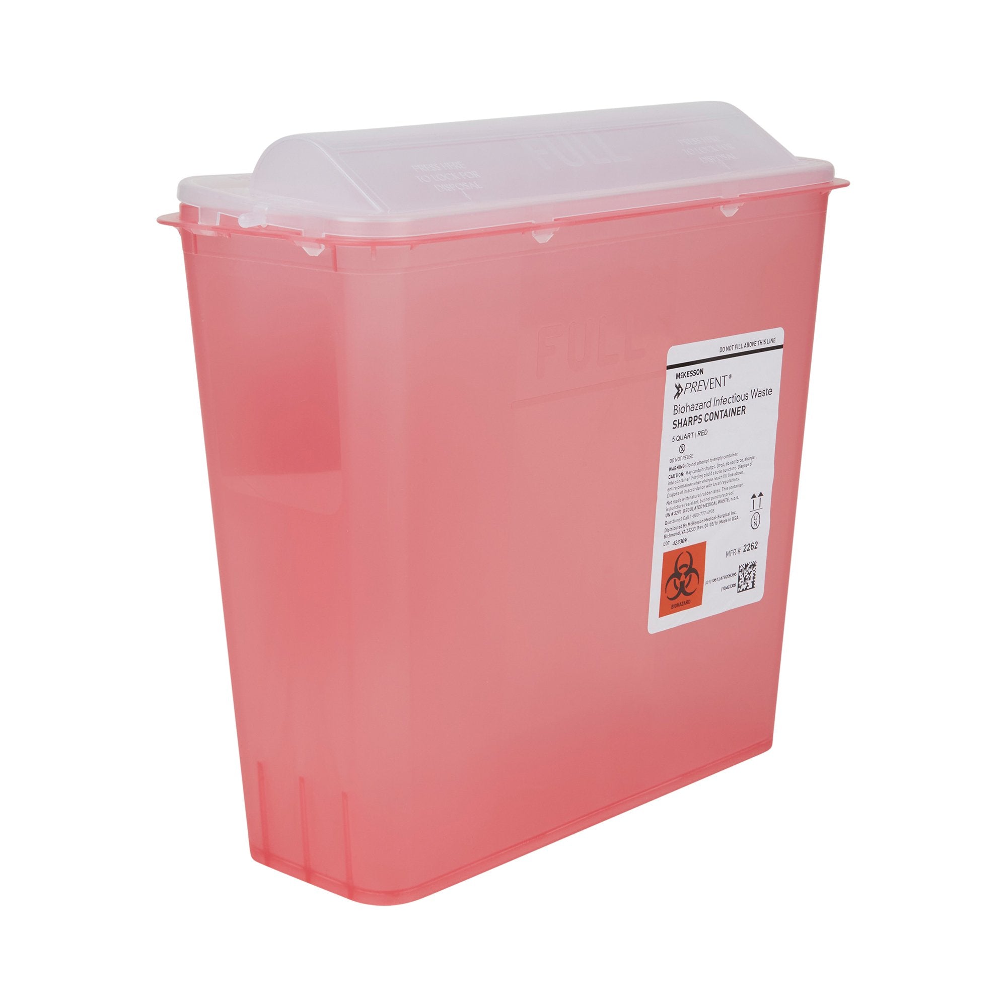 McKesson Prevent Red Sharps Container, 1-1/4 Gallon, 10-3/4 x 10-1/2 x 4-3/4 Inch-Sharps Container McKesson Prevent Translucent Red Base 10-3/4 H X 10-1/2 W X 4-3/4 D Inch Horizontal Entry 1.25 Gallon