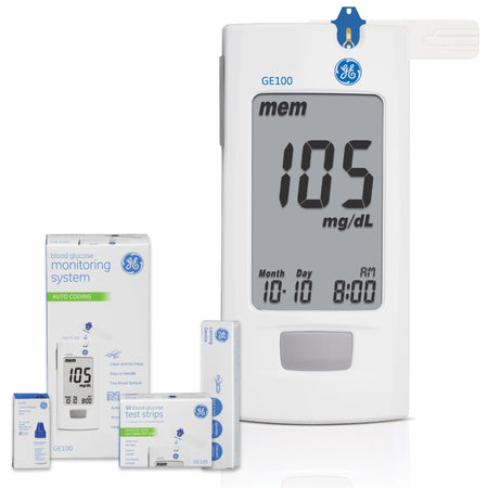 GE Blood Glucose Meter Bundle-Blood Glucose Meter Kit GE100 5 Seconds 500 Memory Storage No Coding Required