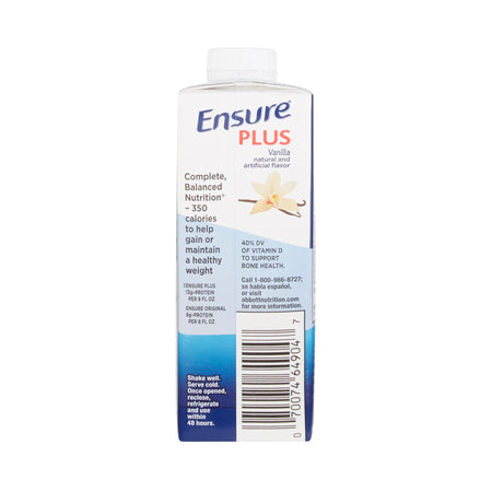 Ensure Plus Therapeutic Nutrition, Vanilla, 8-ounce carton-Oral Supplement Ensure Plus Therapeutic Nutrition Vanilla Flavor Liquid 8 oz. Reclosable Carton