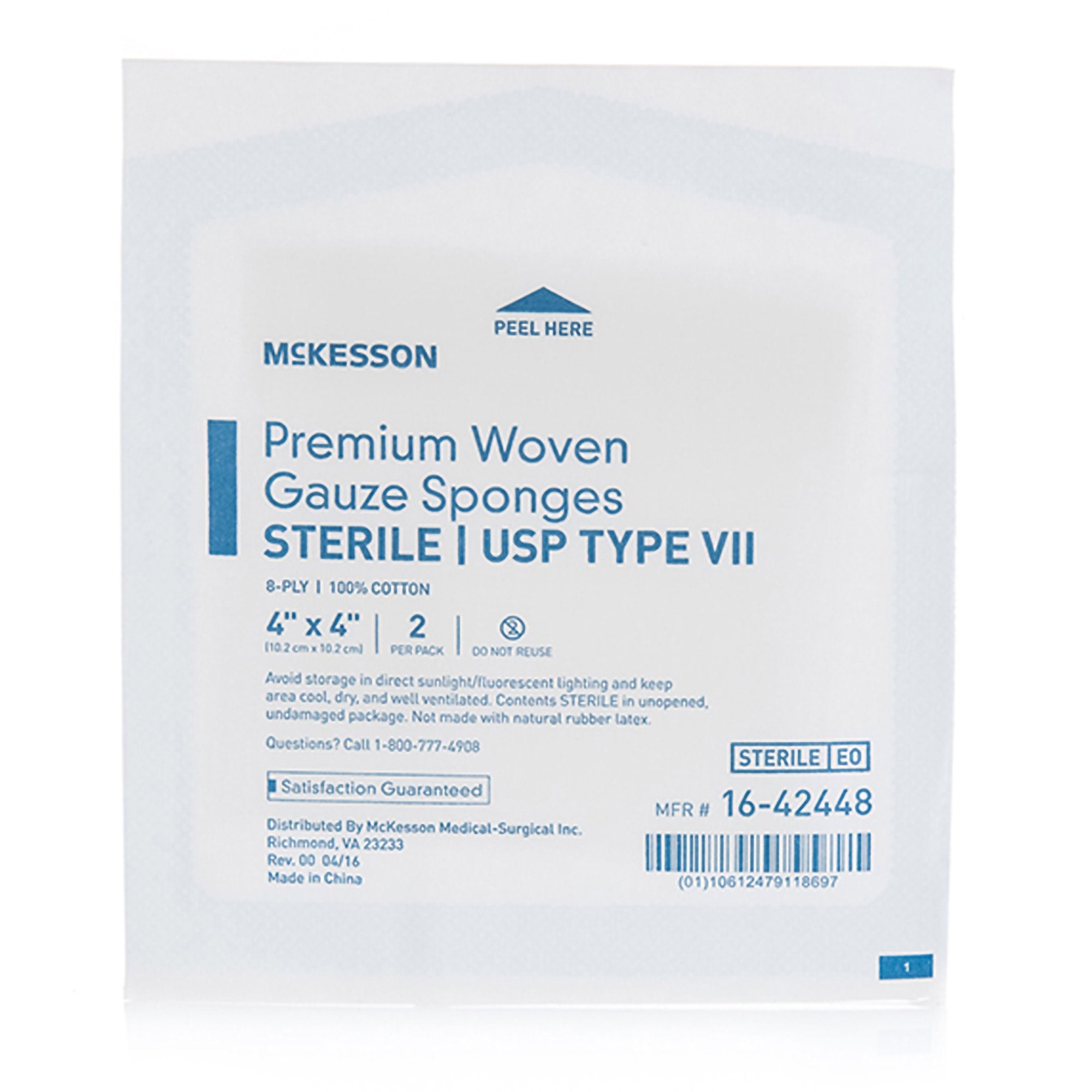 McKesson Sterile USP Type VII Gauze Sponge, 4 x 4 Inch, 8-Ply-Gauze Sponge McKesson 4 X 4 Inch 8-Ply Sterile 2 per Pack