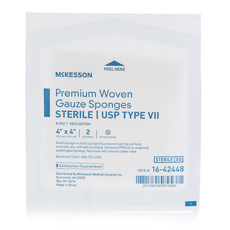 McKesson Sterile USP Type VII Gauze Sponge, 4 x 4 Inch, 8-Ply-Gauze Sponge McKesson 4 X 4 Inch 8-Ply Sterile 2 per Pack