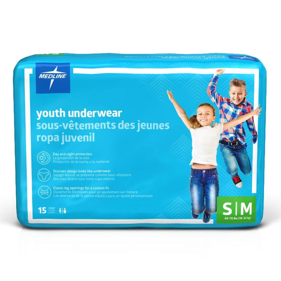 Medline Youth Underwear, Small-Unisex Youth Absorbent Underwear Pull On with Tear Away Seams Small / Medium Disposable Heavy Absorbency